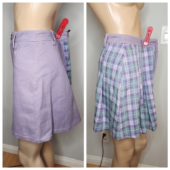 NWT Papermoom Mixed fabric Denim Pleated mini skirt. Purple green. Size Medium. - Picture 6 of 16